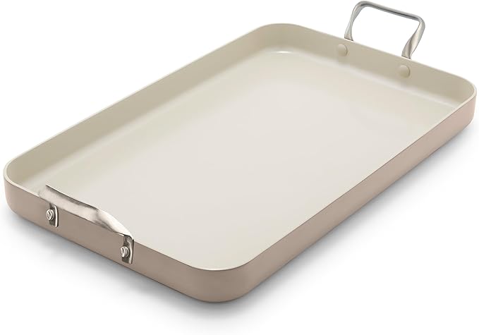 GreenPan 18" x 11" Double Burner Griddle Pan, Hard Anodized Healthy Ceramic Nonstick PFAS-Free, Stainless Steel Handles, Stovetop Cooking, Dishwasher Safe, Oven & Broiler Safe Cookware, Taupe