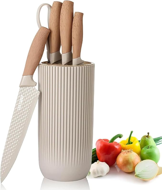 Kitchen Knife Set, Retrosohoo 6-Pieces Khaki Sharp Knife Block Sets for Kitchen, Non-stick Non-slip Stainless Steel Chef knives with Universal Block Suitable for Home Restaurant (Khaki)