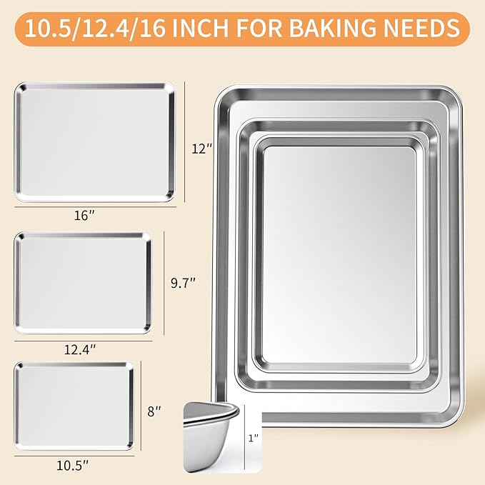 Baking Sheet Set of 3, Stainless Steel Cookie Sheets Baking Sheet Pan, 10.5/12.4/16 Inch, Thicker and Firmer Baking Pans Set, Non-stick, Non toxic & Heavy Duty & Easy Clean，Dishwasher Safe