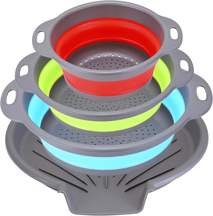 Collapsible Colander Set with Oversized Draining Tray | 3-Pack Foldable Kitchen Strainers + Base | Space Saving for Pasta, Veggies, Fruit & Rice | 5 Colors (Gray-Blue-Red-Green)