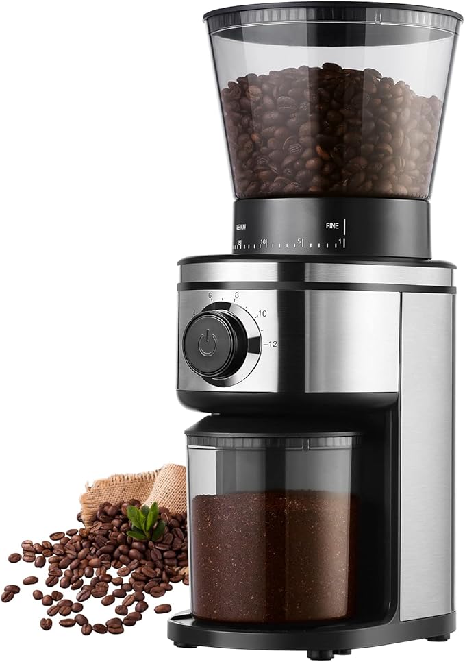 Ollygrin Burr Coffee Grinder, Electric Conical Coffee Bean Grinder With 30 Adjustable Grind Settings For 2-12 Cups, Sliver & Black