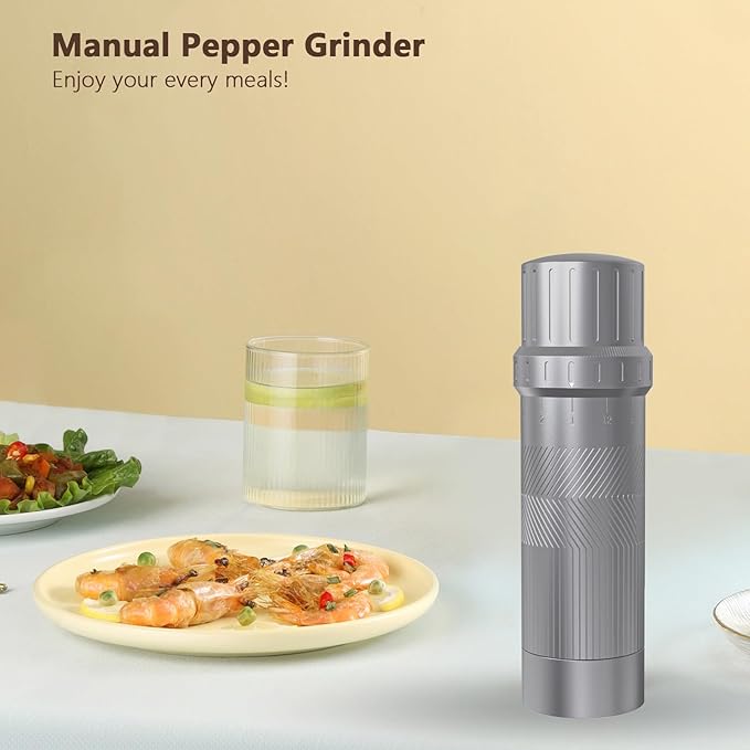 Luvan Professional Grade Pepper Grinder,External Adjustable Coarseness Manual Pepper Mill Grinder, Heavy Duty Aluminum Coarse Pepper Grinder Refillable,Spice Grinder with Stainless Steel Burrs (Gray)