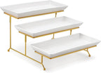 MALACASA 3 Tier Serving Trays for Party, 14 Inch Porcelain White Trays for Serving Food, Dessert Stand with Collapsible Gold Metal Rack