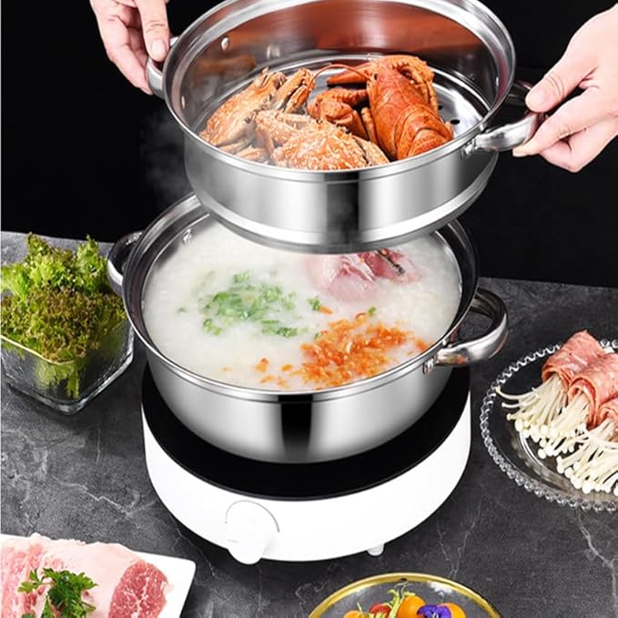 Steamer Pot for Cooking 8.8 inch Steamer Pot 2-tier Multipurpose 18/8 Stainless Steel Steam Pot Cookware with Lid for Vegetable, Dumpling, Stock, Sauce, Food