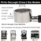 51mm Bottomless Portafilter 2 Ears for Delonghi ECP3420/BCO430/EC260 | Stainless Steel Filter Basket and ABS Handle