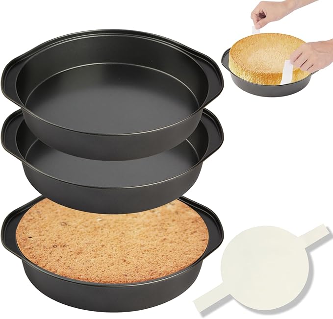 8" Round Cake Pan, 3PCS Nonstick Cake Pans with 100 PCS Parchment Paper, Carbon Steel Cake Baking Pans with Handle, Dishwasher Safe