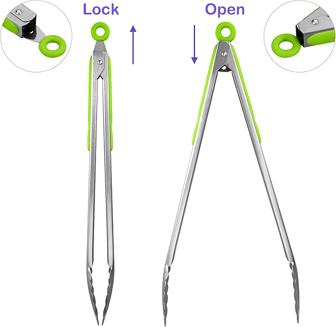 304 Stainless Steel Kitchen Cooking Tongs, 14" and 16" Set of 2 Sturdy Grilling Barbeque Brushed Locking Food Tongs with Ergonomic Grip, Green