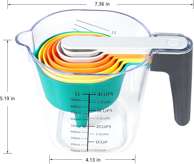 Measuring Cups and Spoons set 10 Pieces, Stackable Measuring Cup with Lid, Kitchen Cooking Baking Measuring Set for Liquid and Dry, BPA Free, Dishwasher Safe (Multicolor)