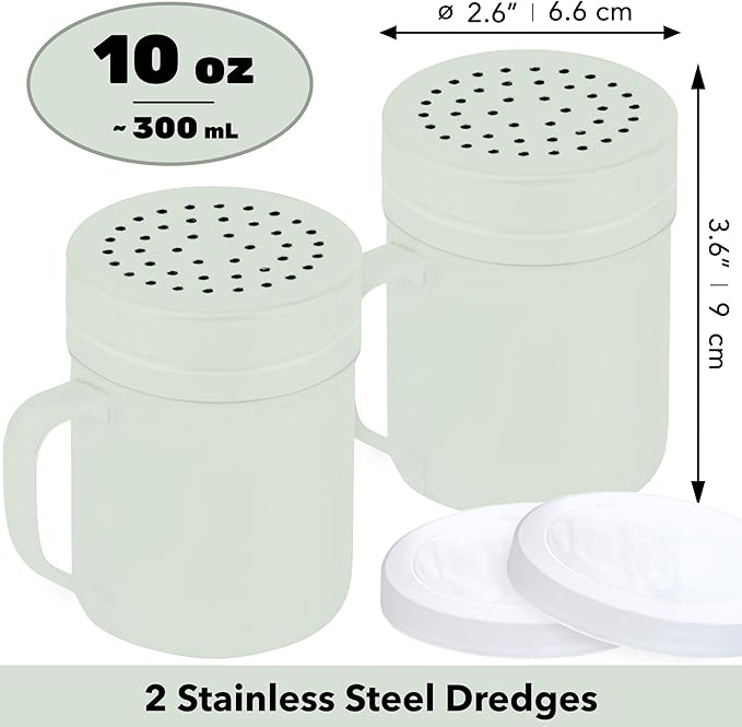 CUSINIUM 10oz Sage Stainless Steel Salt Pepper Dredge Shakers - With Plastic Cap - With Handle - Pack of 2