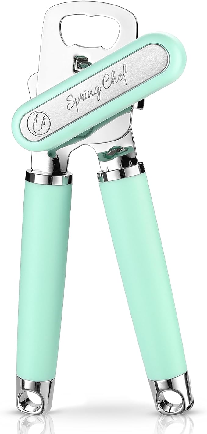 Spring Chef Stainless Steel Can Opener - Manual with Soft Grip Handles, Easy Turn, Heavy Duty Hand Can Opener for Seniors with Smooth Edge - Built-in Magnetic Lid Remover - Mint