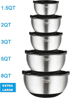 Wildone Mixing Bowls with Airtight Lids, Stainless Steel Nesting Mixing Bowls Set of 5, with Non-slip Silicone Bottoms, Size 8, 5, 3, 2, 1.5 QT, Stackable Design, Great for Mixing and Prepping