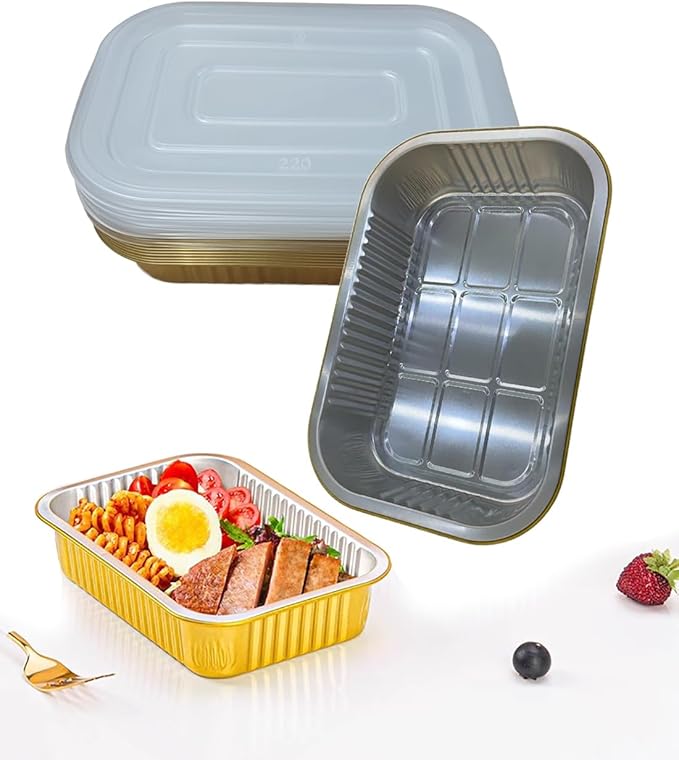 Aluminum Foil Pans with lids 10pack Heavy Duty 2LB Small foil pan 8.5"×6" Disposable, For Microwave & Oven Safe Cooking,Baking,A takeaway food container,Gold