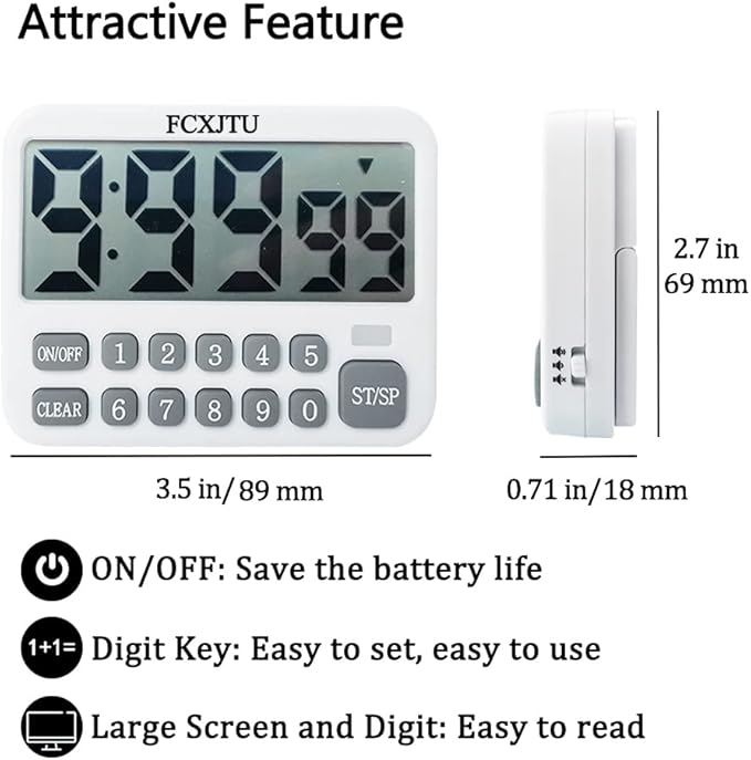 FCXJTU Digital Kitchen Timer, Large Display Countdown/Up Timer with Digits Directly Input, Fast Setting, Loud Alarm, ON/Off, Magnetic Back Stand for Cooking, Baking, Study