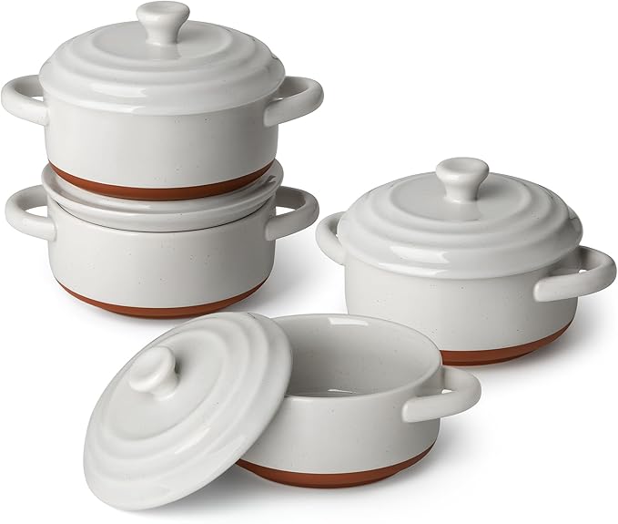 MALACASA Mini Cocotte Set - 12 OZ Ramekins with Lids and Handles, Small Casserole Dishes for Oven, Ceramic Small Baking Dish Set of 4, Microwave & Dishwasher Safe, Khaki Grey, Series TARA
