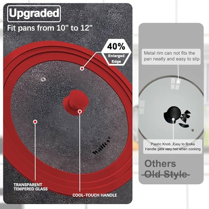 Universal Lid for Pots, Pans and Skillets - Walfos Tempered Glass Pan Lid with Heat Resistant Silicone Rim, BPA Free Large Pot Lids Fits 10", 11" and 12" Diameter Cookware, Dishwasher-Safe, Red