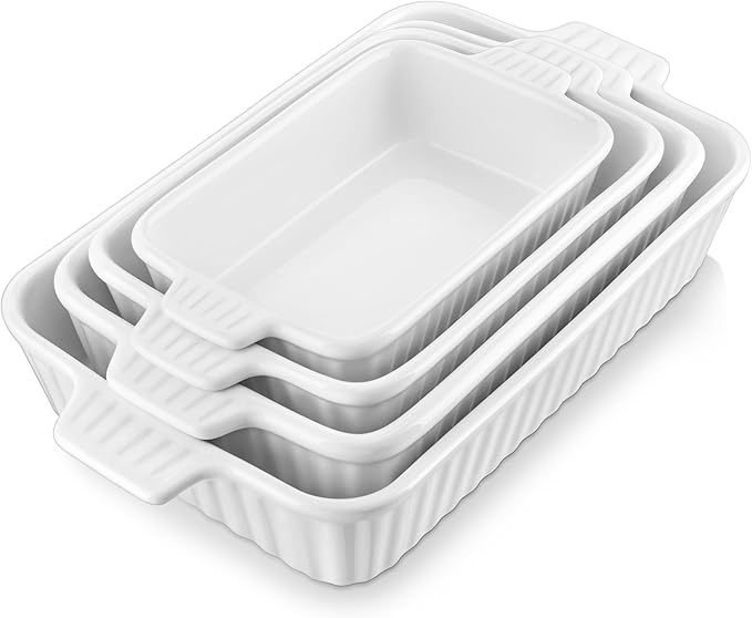 MALACASA Casserole Dishes for Oven, Porcelain Baking Dishes, Ceramic Bakeware Sets of 4, Rectangular Lasagna Pans Deep with Handles for Baking Cake Kitchen, White (9.4"/11.1"/12.2"/14.7"), Series