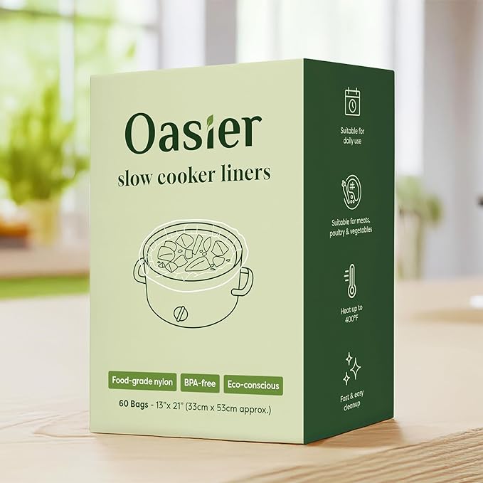 Slow Cooker Liners, Disposable Oval Large Size 13" x 21", 60 Count, Fits 3-8 Quart Pot Cooking Bags for Easy Cleanup, Food Safe & Leak-Proof
