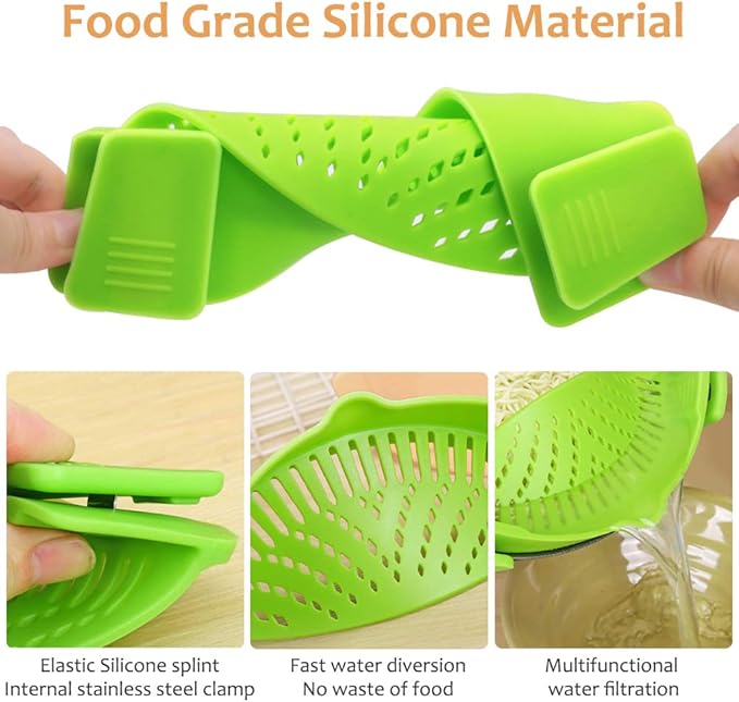 YEVIOR Clip on Strainer for Pots Pan Pasta, Silicone Food Strainer Hands-Free Pan Strainer, Clip-on Kitchen Food Strainer for Spaghetti, Pasta, Ground Beef Fits All Bowls and Pots (Green)