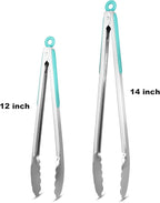 304 Stainless Steel Kitchen Cooking Tongs, 12" and 14" Set of 2 Sturdy Grilling Barbeque Brushed Locking Food Tongs with Ergonomic Grip, Aqua Sky