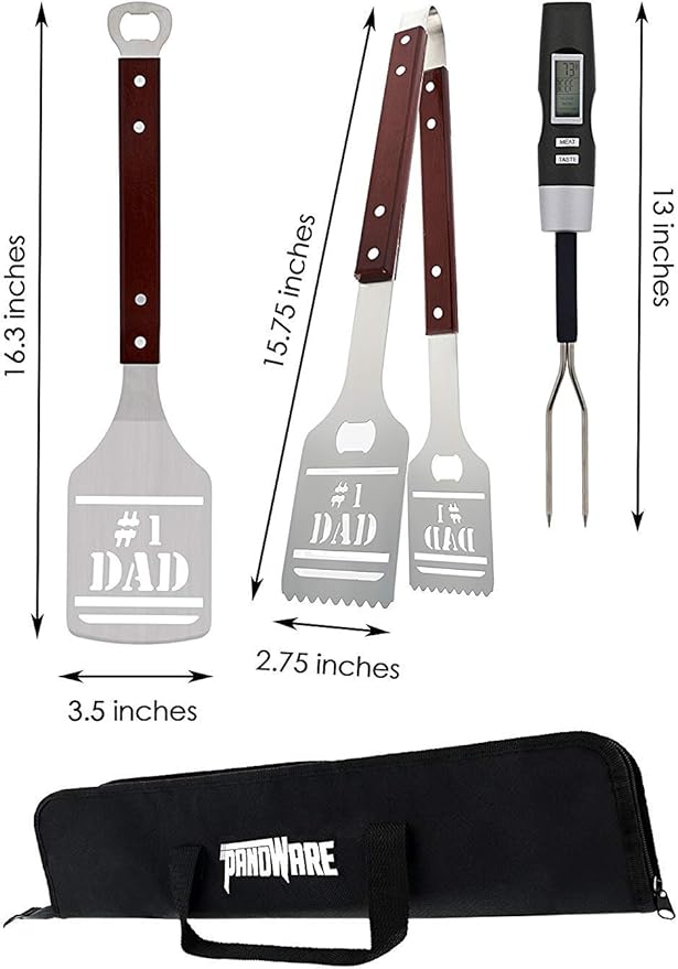 Panoware BBQ Grill Tools Set for Dad, 4 Piece Set, Number 1 Dad Tongs, Spatula, Digital Thermometer and Case