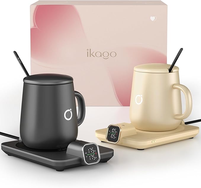 2Pcs Heated Coffee Mug Warmer & Mug Set - Heated Mug Warmer Plate with Auto Shut Off, 1°F Precise Electric Coffee Warmer Plate for Desk, Cool Valentine's Day Gift for Couple Women and Men