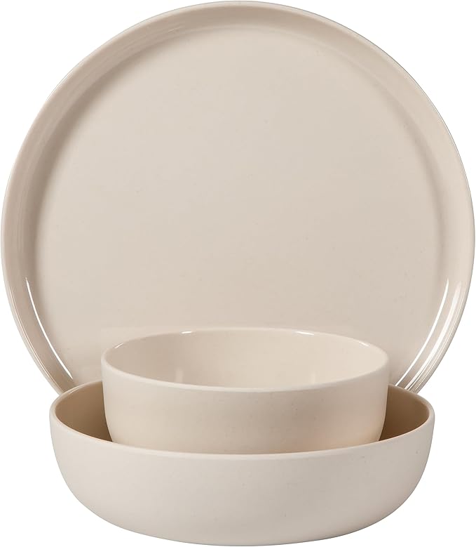 Gibson Home Candy Skies 12 Piece Unbreakable Wheat Straw Melamine Plates and Bowls Dinnerware Set - Outdoor, Camping, & Everyday Use - Matte Exterior/Shiny Interior Taupe Cream