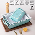 Sweejar Casserole Dishes for Oven, Ceramic Bakeware Set of 3, Rectangular Baking dish with Handles, Wave Edge Lasagna Pan Deep for Cooking, Cake, Dinner, Banquet and Daily Use (Turquoise)