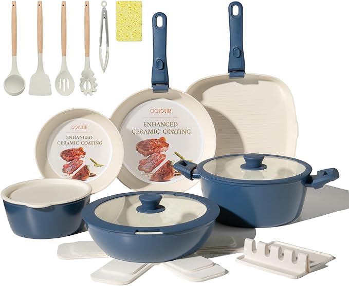 23Pcs Ceramic Cookware Set Non Stick Pots and Pans Set Non Toxic with Detachable Handle Induction Kitchen Cookware Set Space Saving, Oven & Dishwasher Safe, Navy