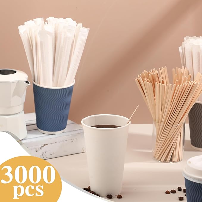 3000 Pcs Individually Wrapped Wooden Coffee Stirrers, Disposable Coffee Stir Sticks Round End Sticks Bulk Wood Stirrers for Cocktail Hot Drinks Restaurant Bar Home Office (7.5 Inch)