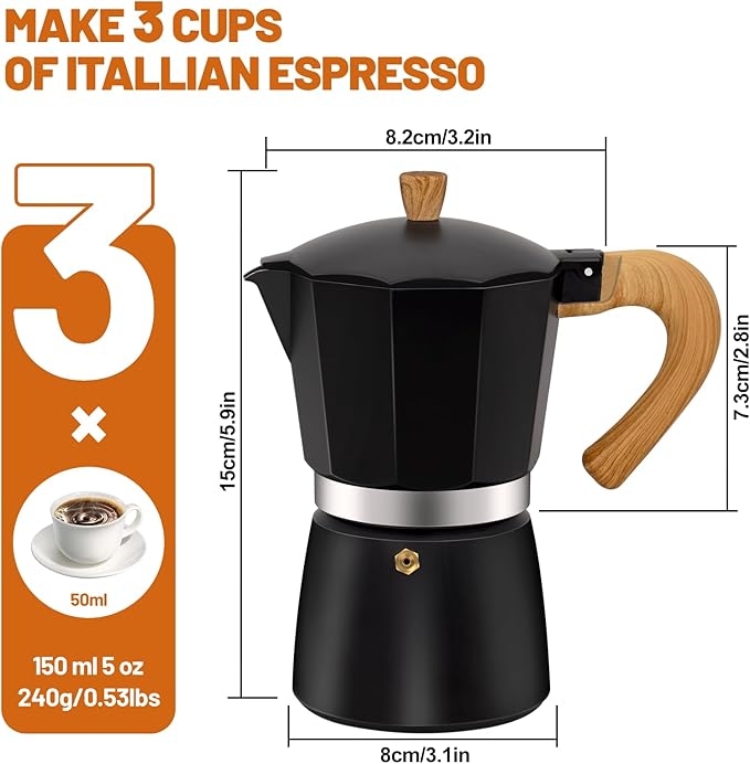 3 Cup Aluminum Espresso Stovetop Moka Pot Express Coffee Maker Percolator Italian Classic Mocha Coffee Machine for Italian and Cuban Cafe Brewing for Home & Camping 150ml 5oz