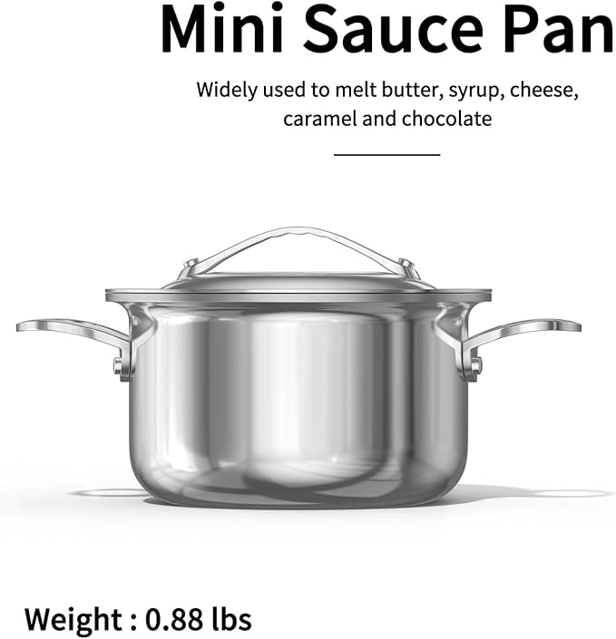Macevia Mini Sauce Pan with Lid,Stainless Steel Butter Warmer Small Pot, For All Stoves Multipurpose Use for Home Kitchen or Restaurant (13.5oz/400ml) - Silver