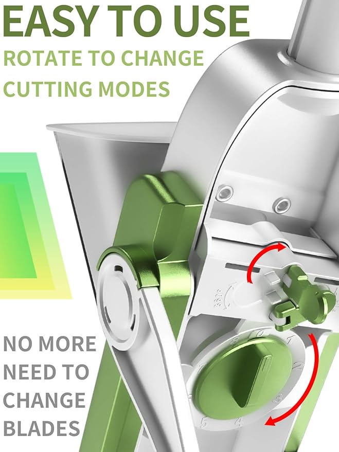 ONCE FOR ALL Safe Mandoline Slicer, Multi Vegetable Chopper, Potato Slicer for Kitchen, 4 Modes 100+ Presets Adjustable Thickness, French Fry Cutter (5 in 1 Green)