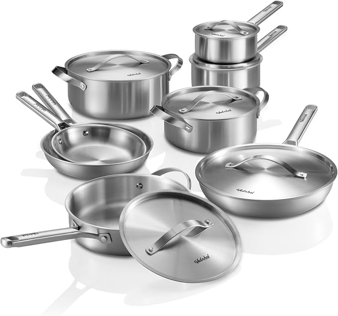 Stainless Steel Cookware Set, 14 Pcs Tir-Ply Pots and Pans Set, PFOA&PTFE Free, Dishwasher&Oven Safe, Kitchen Induction Compatible, ollas de acero inoxidable para cocinar