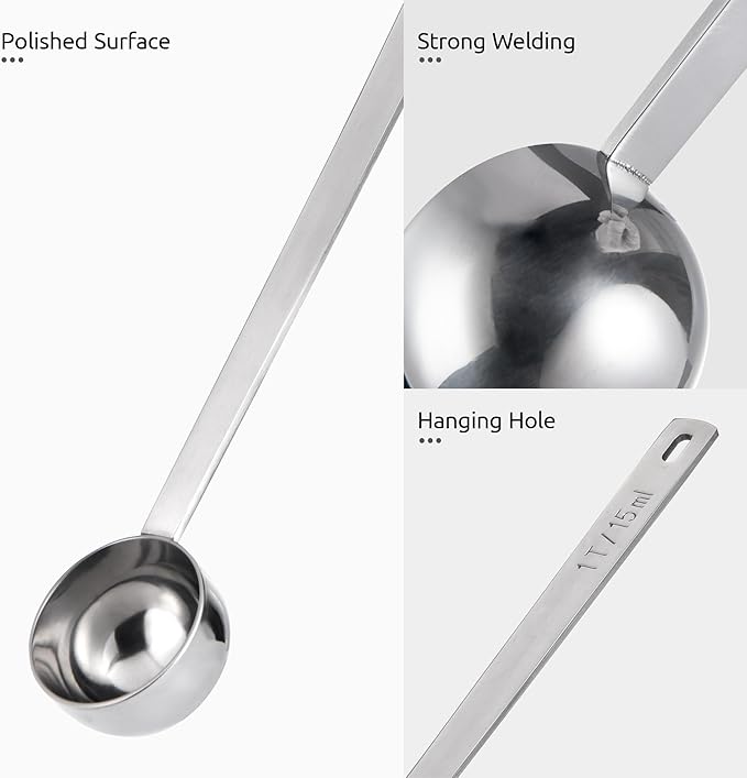 U-Taste Coffee Scoop 1 Tablespoon: 18/8 Stainless Steel Measuring Scooper for Ground Coffee, Bean, Powder, Espresso, 6.9in Long Handle Metal Meaure Spoon for Canister, Jar (1Tbsp/15ml, Silver)
