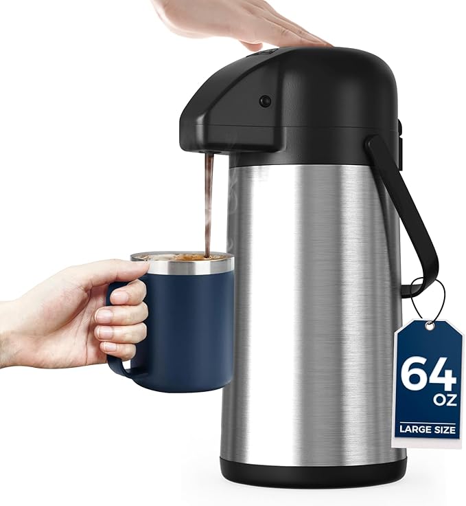 Coffee Carafe for Keeping Hot - Gezoss 64OZ / 1.9L Airpot Coffee Dispenser with Pump - Large Coffee Carafe for Hot Drinks Tea Liquid - Insulated Stainless Steel Hot Water Beverage Urn for Parties