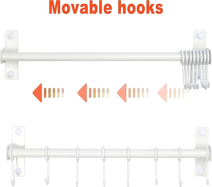 Dseap Pot Rack - Pots and Pans Hanging Rack Rail with 8 Hooks, Double Bars, Pot Hangers for Kitchen, Wall Mounted, White