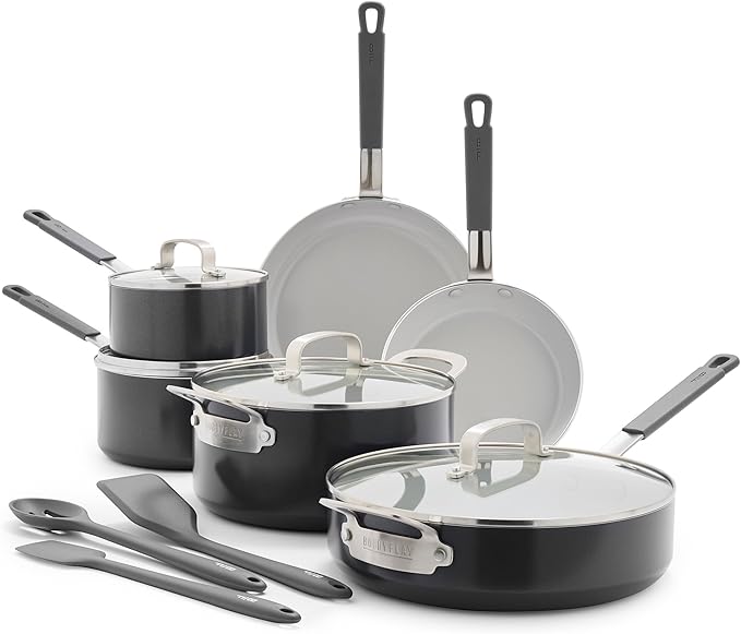 GreenPan x Bobby Flay 13 Piece Nonstick Cookware Pots and Pans Set, PFAS-Free Diamond Ceramic, Induction Suitable, Easy Clean Dishwasher & Oven Safe, Stay-Cool Silicone Handles, Glass Lids, Graphite
