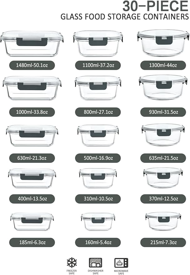 M MCIRCO 30 Pieces Glass Food Storage Containers with Snap Locking Lids,Glass Meal Prep Containers Set - Airtight Lunch Containers, Microwave, Oven, Freezer and Dishwasher