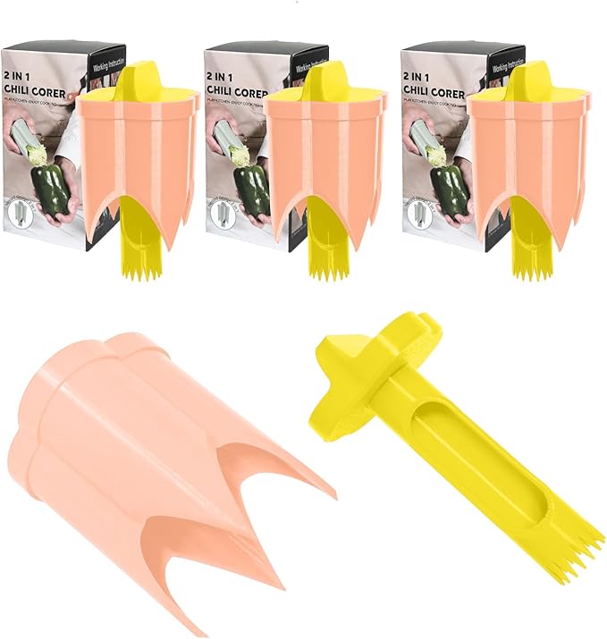 Pepper Corer, 2 in 1 Red Bell Pepper Seed Corer Remover Tool, Fruit & Vegetable Corers Quick Cave Tools for Jalapeno Cutter Deseeder, Yellow Orange, 3 PCS