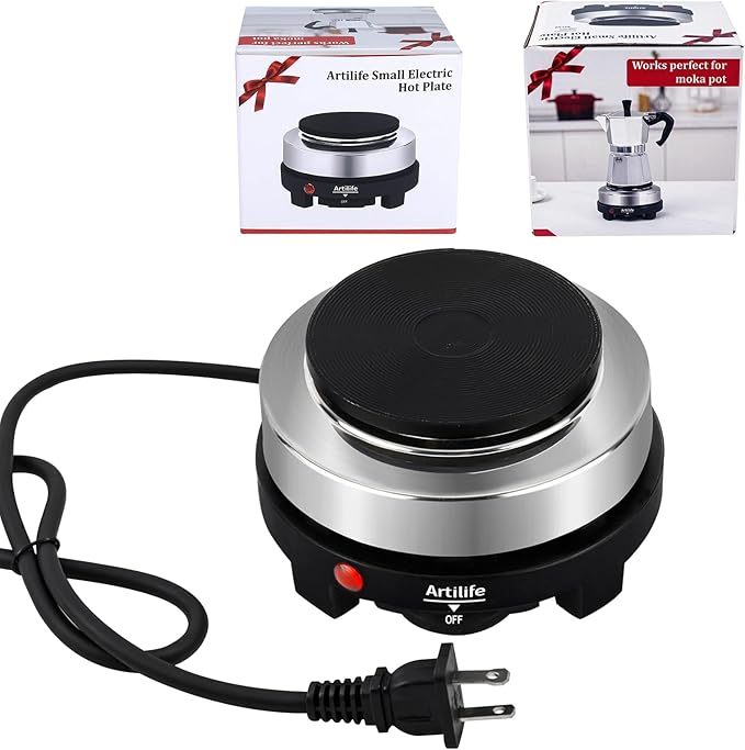 Artilife 500W Small Hot Plate Mini Hot Plate,Artilife 500w Small Electric Hot Plate,Mini Stove Portable Stove Kitchen Cooktop Electric Heater,Perfect Size for Moka Pot 110V