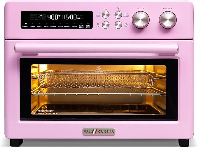 VAL CUCINA Retro Style Infrared Heating Air Fryer Toaster Oven, Extra Large Countertop Convection Oven 10-in-1 Combo, 6-Slice Toast, Enamel Baking Pan Easy Clean with Recipe Book, Classic Pink Color