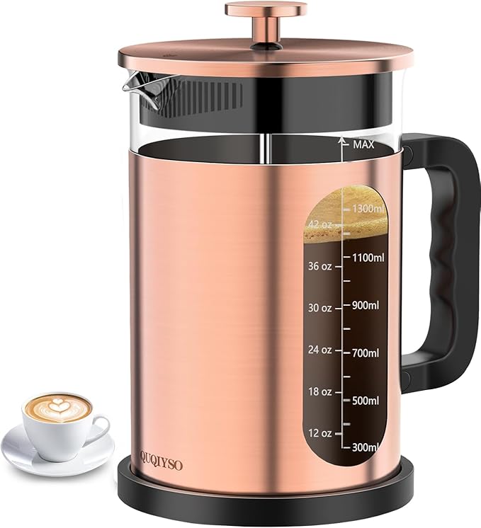 QUQIYSO French Press Coffee Maker 51oz 304 Stainless Steel French Press with 4 Filter, Borosilicate Glass Coffee Press