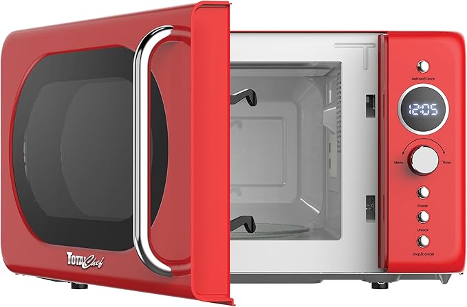 Total Chef Retro Microwave Oven | 20L / 0.7 Cu Ft | Quick Start & Defrost By Weight/Time | 8 Pre-set Cooking Modes For Coffee, Rice, Pasta, Potato, Reheat, Fish, Pizza, Popcorn | 700W | Red