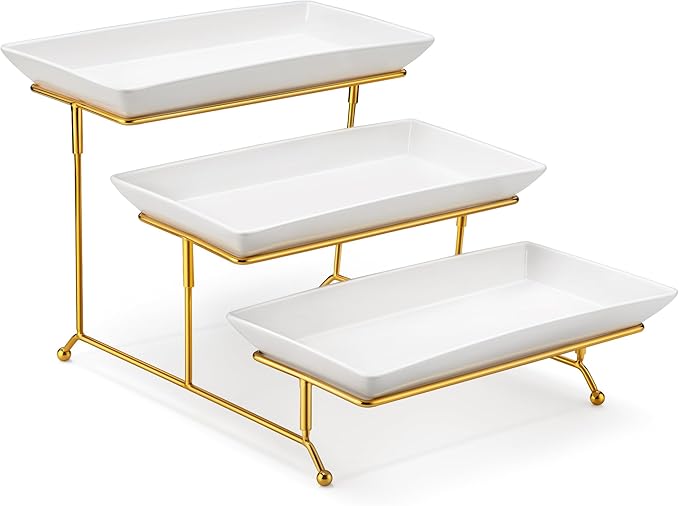 MALACASA 3 Tier Serving Trays for Party, 12 Inch Porcelain White Trays for Serving Food, Dessert Stand with Collapsible Gold Metal Rack