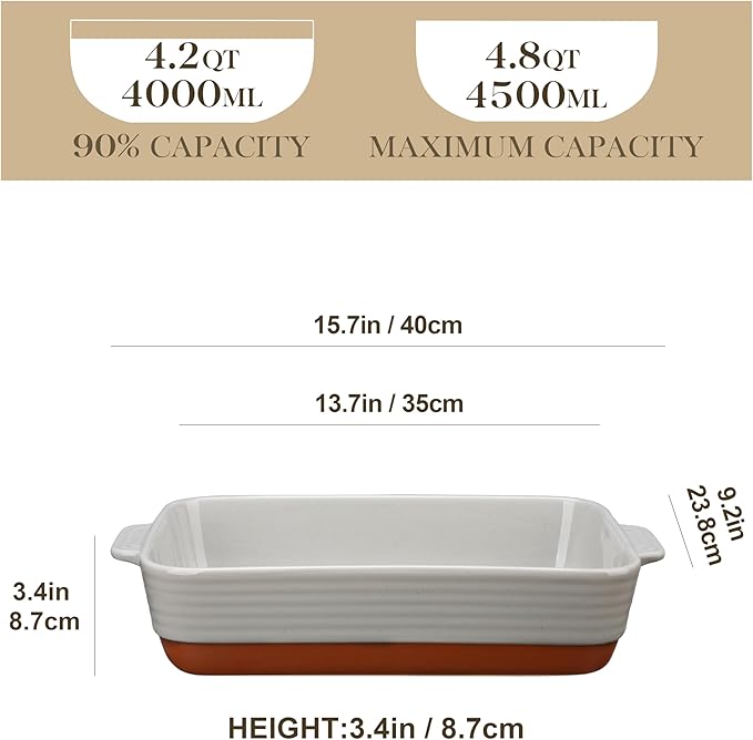 MALACASA Lasagne Dishes for Oven, 4.8 Qt Ceramic Oven Dish with Handles, 9 x 13 Inch Deep Rectangular Baking Dish Casserole Dishes, Grey Lasagna Pan Bakeware for Roasting, Series TARA