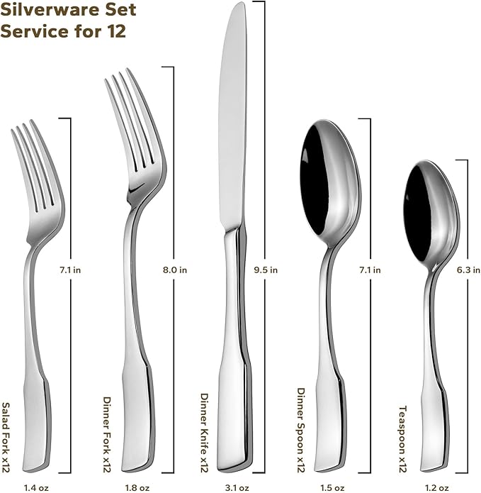 Alata Kate 65-Piece Silverware With Utensil-Serving Set, Service for 12, Stainless Steel Flatware, Mirror Polished Cutlery, Dishwasher Safe