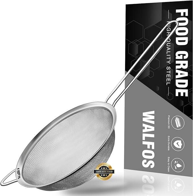Walfos 4.6 Inch Fine Mesh Strainer, Premium Stainless Steel Colanders and Sifters, with Reinforced Frame and Sturdy Handle, Perfect for Sift, Strain, Drain and Rinse Vegetables, Pastas and Tea
