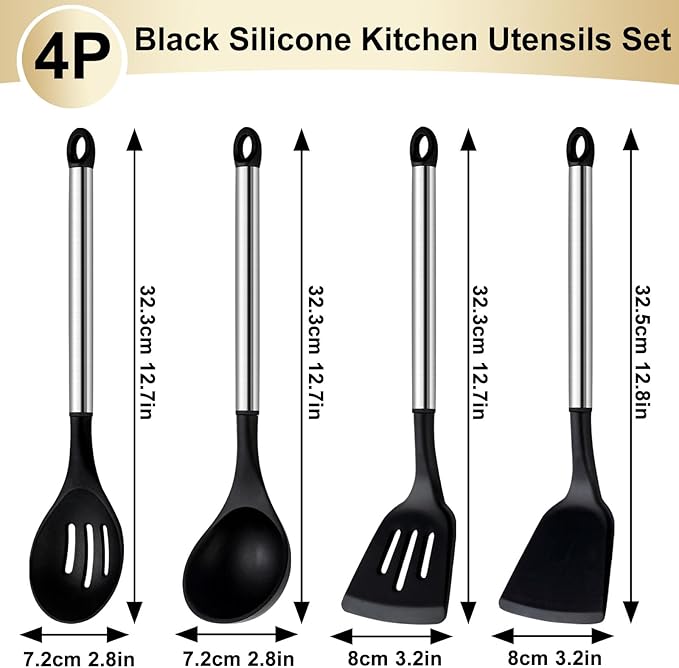 Pleafind 4-Pcs Silicone Cooking Utensils Set, Wok Utensils Set Include Wok Ladle, Slotted Spoon, Solid Spatula and Slotted Spatula, Silicone and Stainless Steel Kitchen Utensils, Dishwasher Safe