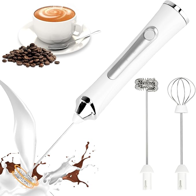 Tonjin Milk Frother with USB-C Rechargeable Wand & 2 Stainless Whisks, Upgraded 3 Speeds Electric Drink Mixer for Coffee, Egg, Matcha