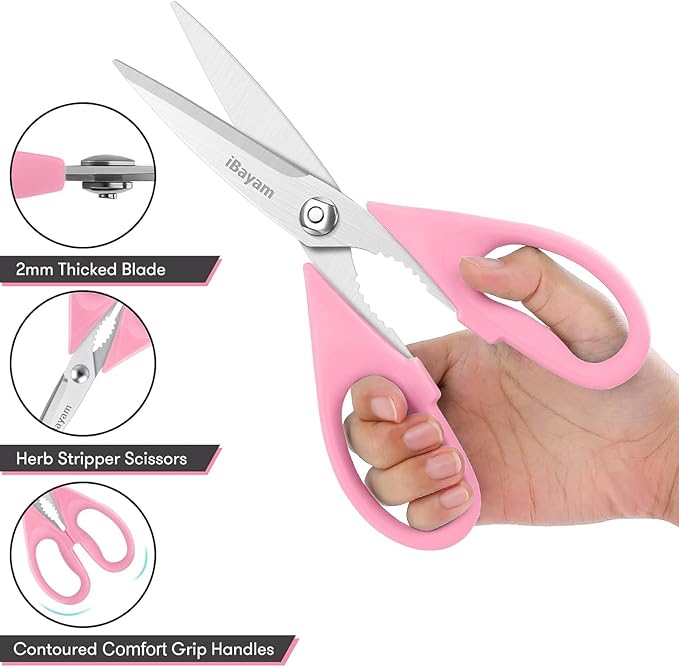 iBayam All Purpose 8.5" Cooking Scissors with Sheath, Pink Kitchen Gadgets for Women, Mom, Wife, Her
